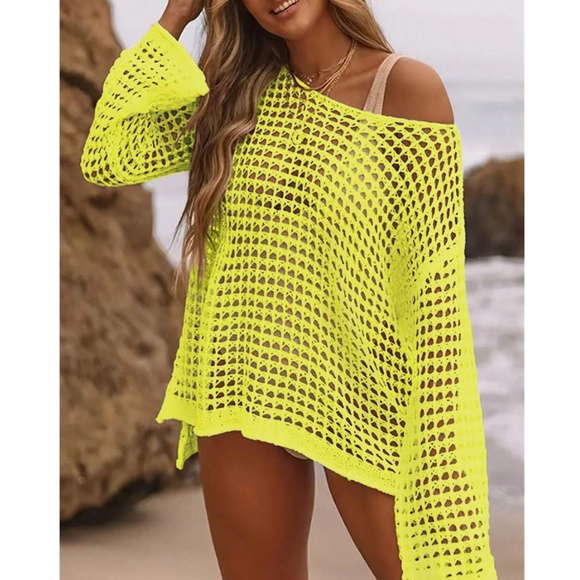 Crochet Loose Fit Sheer Long sleeve Beach Cover up Top - Picture 10 of 12